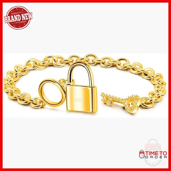 925 Sterling Silver Key Lock Pendant Bracelet Rolo Chain Bangle 8.5 Inch